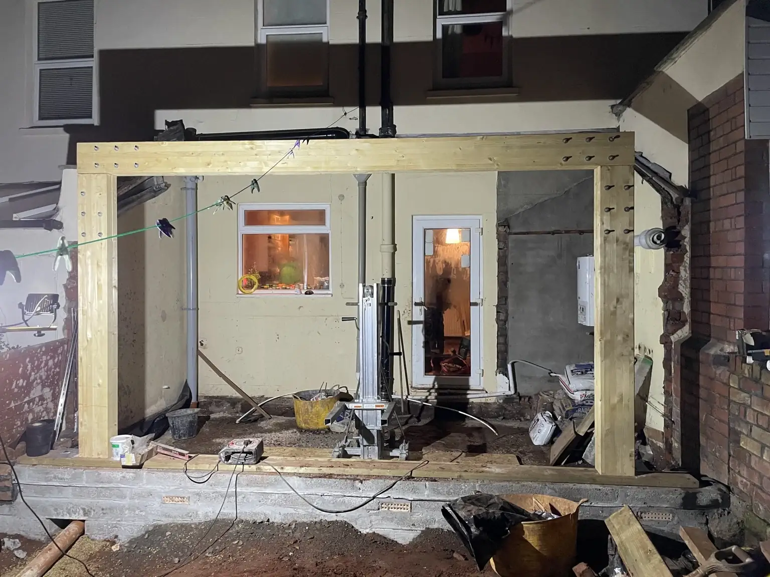 Glulam timber goalpost frame during Sandy Park extension construction