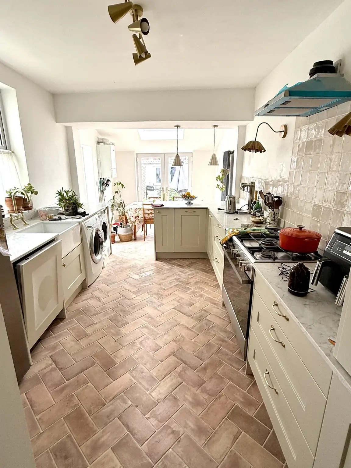 View through the kitchen towards the rooflight and dining space.